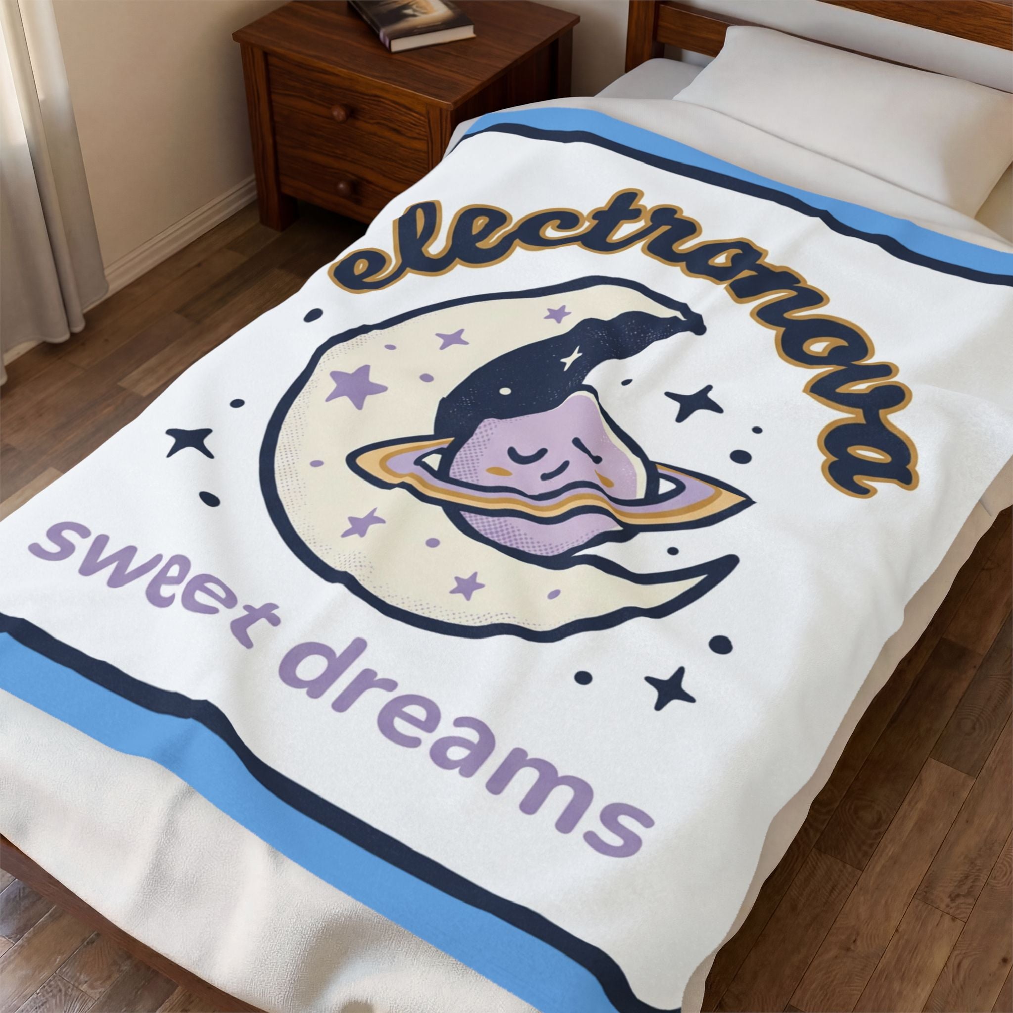 Velveteen Plush Blanket - 'Electronova Sweet Dreams' Cute Planet & Moon Cozy Throw